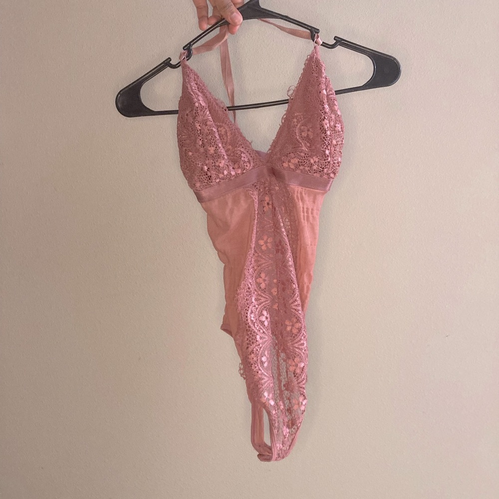 Lace Light Pink Rose Gold One Piece Bodysuit with Snap